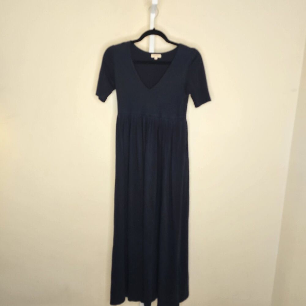 Demylee Women's XS Navy Blue Short Sleeve V-Neck Maxi Dress 100% Cotton